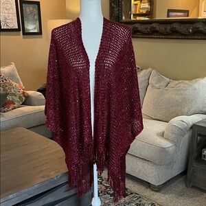 OS Sequined Wine Burgundy Wrap/Poncho with Fringe